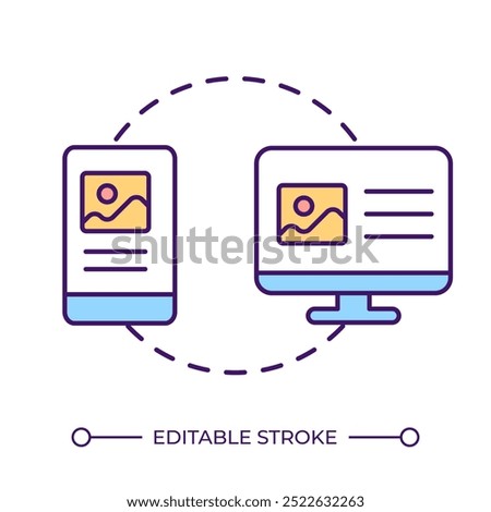 Data transfer RGB color icon. File sharing. Data migration. Device synchronization. Mobile to desktop transfer. Isolated vector illustration. Simple filled line drawing. Editable stroke