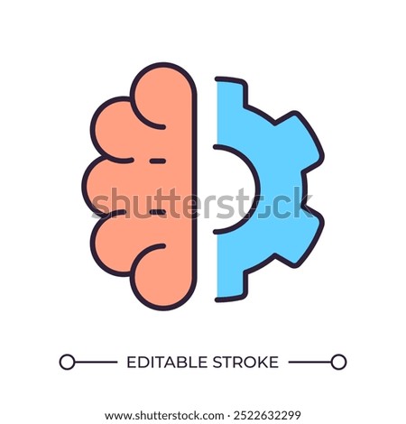 Human brain and gear RGB color icon. Combination of logic and creativity. Problem solving. Human thinking and technology. Isolated vector illustration. Simple filled line drawing. Editable stroke