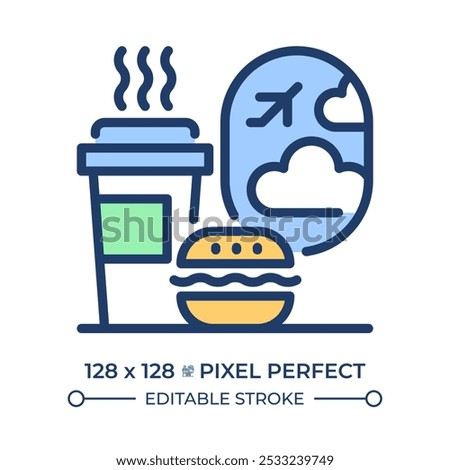 Inflight catering RGB color icon. Meals and beverages served during flights. Coffe with burger in front of plane porthole. Isolated vector illustration. Simple filled line drawing. Editable stroke