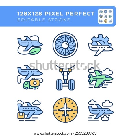 Aviation industry RGB color icons set. Air travel. Aircraft operations. Business and cargo aircraft. Isolated vector illustrations. Simple filled line drawings collection. Editable stroke