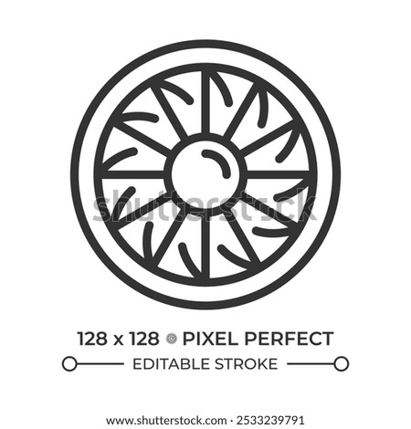 Aircraft engine turbine linear icon. Fan blades. Jet propulsion and power source that drives modern airplanes. Thin line illustration. Contour symbol. Vector outline drawing. Editable stroke