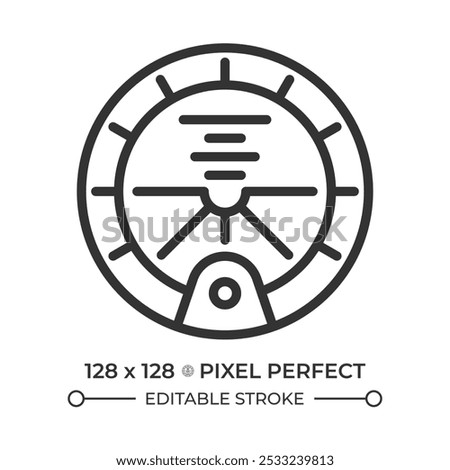 Attitude indicator linear icon. Essential cockpit instrument used in aviation. Orientation relative to horizon. Thin line illustration. Contour symbol. Vector outline drawing. Editable stroke