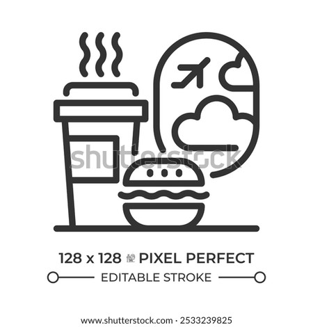 Inflight catering linear icon. Meals and beverages served during flights. Coffe with burger in front of plane porthole. Thin line illustration. Contour symbol. Vector outline drawing. Editable stroke