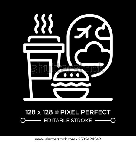 Inflight catering white linear icon for dark theme. Meals served during flights. Coffe with burger in front of plane porthole. Thin line illustration. Isolated symbol for night mode. Editable stroke