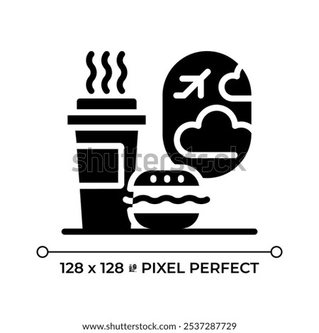 Inflight catering black glyph icon. Meals and beverages served during flights. Coffe with burger in front of porthole. Silhouette symbol on white space. Solid pictogram. Vector isolated illustration