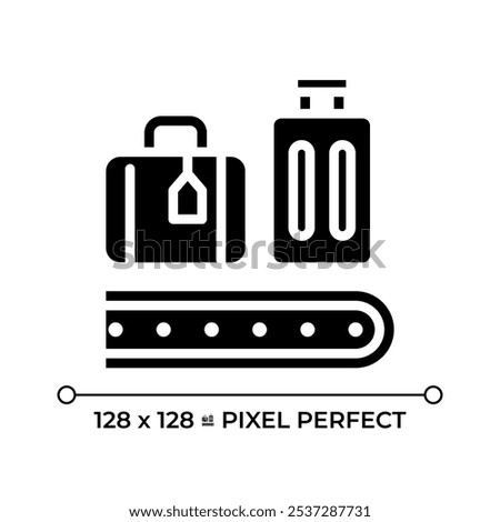 Baggage service black glyph icon. Luggage on conveyor. Services at airport. Transporting and sorting passenger bags. Silhouette symbol on white space. Solid pictogram. Vector isolated illustration