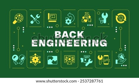 Reverse engineering dark green word concept. Engineering tools. Analytical process. Repair. Visual communication. Vector art with lettering text, editable glyph icons