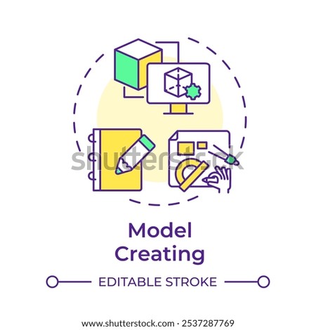 Model creating multi color concept icon. Reverse engineering process. 3d modeling. Computer-aided design. Round shape line illustration. Abstract idea. Graphic design. Easy to use in article