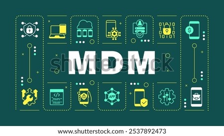 MDM green word concept. Mobile device management. Corporate software. Security, protection. Visual communication. Vector art with lettering text, editable glyph icons