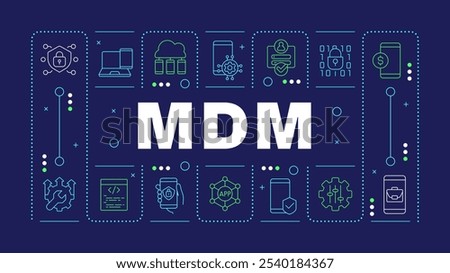 MDM blue word concept. Mobile device management. Security software. System, technology. Horizontal vector image. Headline text surrounded by editable outline icons. Hubot Sans font used