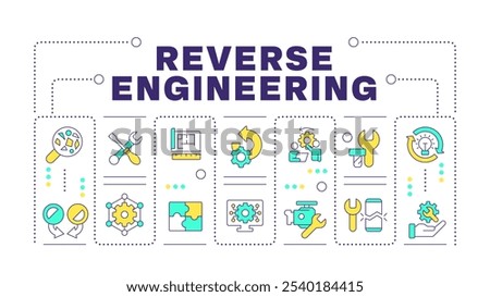 Reverse engineering word concept isolated on white. Engineering tools. Analytical process. Repair. Creative illustration banner surrounded by editable line colorful icons. Hubot Sans font used