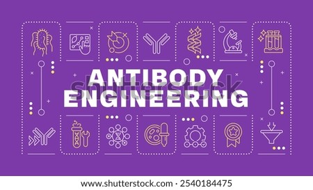 Antibody development purple word concept. Antibody discovery and production. Immunology. Horizontal vector image. Headline text surrounded by editable outline icons. Hubot Sans font used