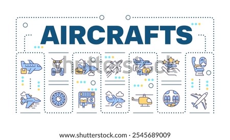 Aircrafts word concept isolated on white. Airline service. Travelling, transportation. Creative illustration banner surrounded by editable line colorful icons