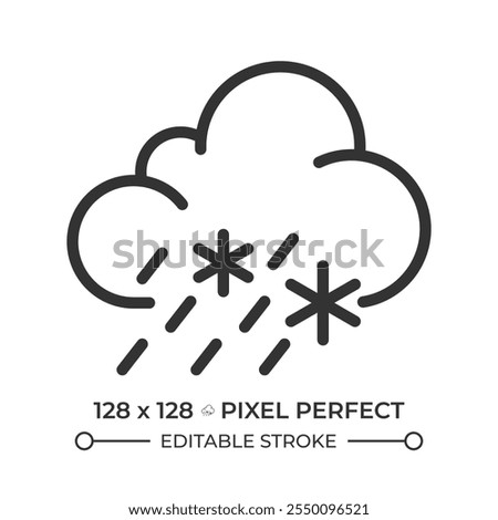 Sleet linear icon. Mixed precipitation, including rain and snowflakes. Weather forecast for day and night. Meteorology. Thin line illustration. Contour symbol. Vector outline drawing. Editable stroke