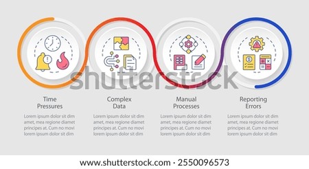 Financial close issues management infographics circles sequence. Paperwork automation. Visualization layout with 4 steps. Info chart loop process presentation. Myriad Pro-Regular font used