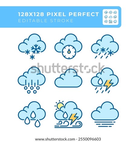 Clouds related RGB color icons set. Weather forecasting. Overcast and precipitation. Atmospheric pressure. Isolated vector illustrations. Simple filled line drawings collection. Editable stroke