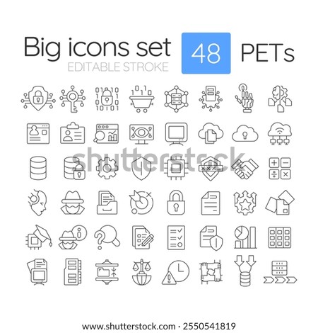 Privacy-enhancing technologies linear icons set. Data security, protection and encryption. Cybersecurity. Customizable thin line symbols. Isolated vector outline illustrations. Editable stroke