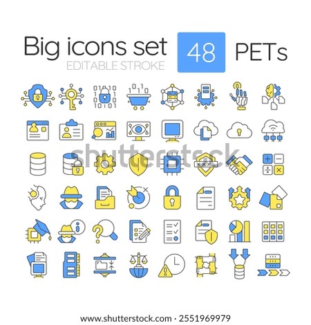 Privacy-enhancing technologies RGB color icons set. Data security, protection and encryption. Isolated vector illustrations. Simple filled line drawings collection. Editable stroke