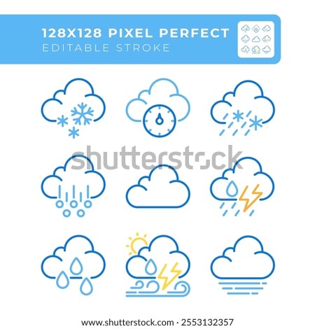 Clouds related two color line icons set. Weather forecasting. Overcast and precipitation. Atmospheric pressure bicolor outline iconset isolated. Duotone pictograms thin linear. Editable stroke