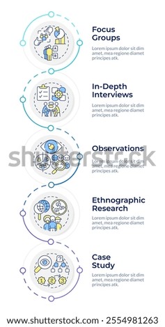 Qualitative market research different methods infographic design template. Marketing, analytics. Data visualization 5 options. Process vertical flow chart