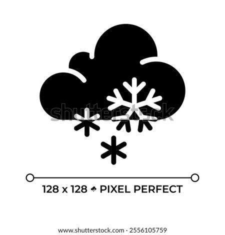 Snow black glyph icon. Cloud with snowflakes falling. Snowy weather or winter conditions. Weather forecast. Silhouette symbol on white space. Solid pictogram. Vector isolated illustration