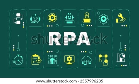 RPA dark green word concept. Alternative technology of processes control. Optimization maintaining. Visual communication. Vector art with lettering text, editable glyph icons