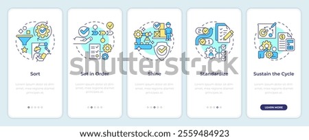 5S methodology onboarding mobile app screen. Lean manufacturing. Walkthrough 5 steps editable graphic instructions with linear concepts. UI, UX, GUI template