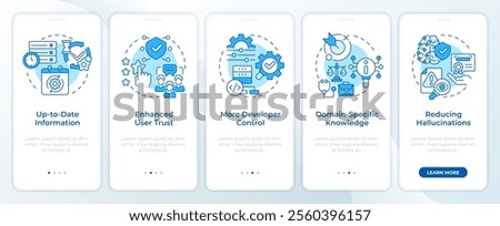 Benefits of RAG blue onboarding mobile app screen. AI semantic walkthrough 5 steps editable graphic instructions with linear concepts. UI, UX, GUI template