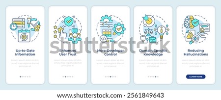 Benefits of RAG onboarding mobile app screen. AI semantic walkthrough 5 steps editable graphic instructions with linear concepts. UI, UX, GUI template