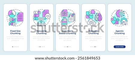 Levels of chunking strategies in RAG onboarding mobile app screen. Walkthrough 5 steps editable graphic instructions with linear concepts. UI, UX, GUI template