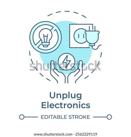 Unplug electronics soft blue concept icon. Prevent phantom power loss. Energy saving tip. Sustainability. Round shape line illustration. Abstract idea. Graphic design. Easy to use in article