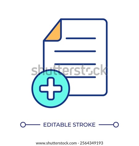 E paper with plus sign RGB color icon. Digital information augmentation service. Creating new e document service. Isolated vector illustration. Simple filled line drawing. Editable stroke