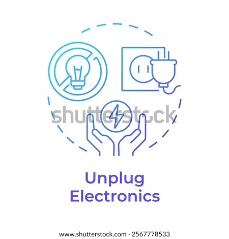 Unplug electronics blue gradient concept icon. Prevent phantom power loss. Energy saving tip. Sustainability. Round shape line illustration. Abstract idea. Graphic design. Easy to use in article