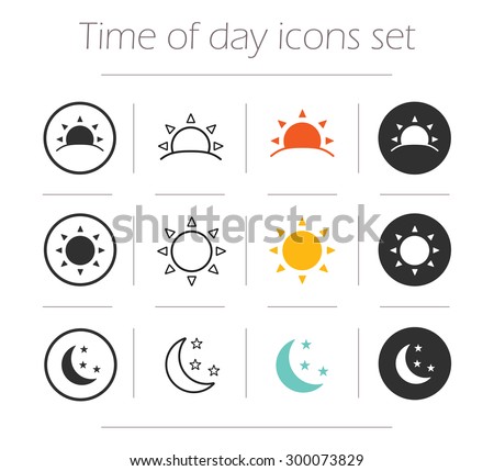 Time of the day simple icons set. Sunrise, sun, sunshine, moon and stars linear, color and silhouette vector symbols isolated on white 