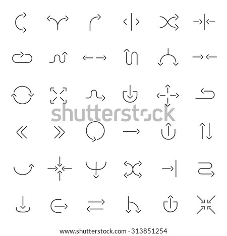Arrows set. Thin contour line. Navigation way pointers. Curve outline vector icons isolated on white