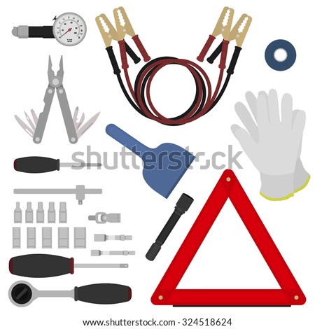 Emergency road kit items set. Car service and repairing equipment. Auto mechanic tools. Ice scraper and jumper cables. Triangle warning sign and flashlight. Vector isolated illustrations. Color