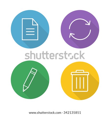 File editor flat linear icons set. New document paper symbol, refresh page, edit icon, trash bin, delete button. Organizer app ui. Long shadow outline logo concepts. Vector line art illustrations