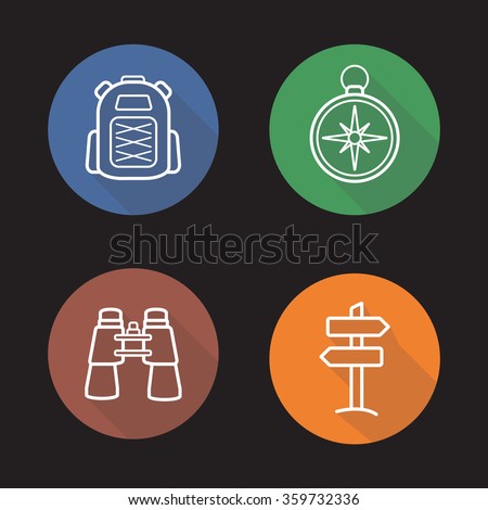 Camping flat linear long shadow icons set. Tourist backpack, navigation compass, binoculars and off road sign. Travel and tourism equipment. Outline logo concepts. Vector line art illustrations
