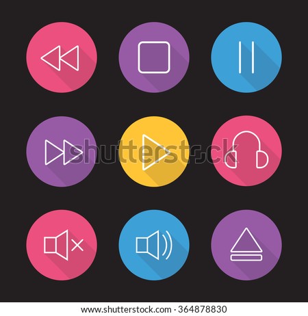 Multimedia flat linear long shadow icons set. Audio and video control elements. Mp3 music player. User graphic interface items. Rewind, pause, stop and play buttons. Vector illustrations