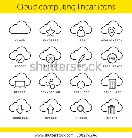 Cloud computing linear icons set. Geo location, favorite, free space, device connection and turn off symbols. Cloud computing concepts. Online data storage thin line isolated vector illustrations