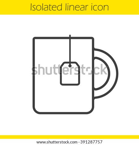 Tea mug linear icon. Thin line illustration. Hot drink. Contour symbol. Teacup with teabag logo concept. Vector tea cup isolated outline drawing