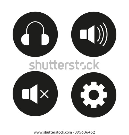 Music player interface black icons set. Headphones, mute, sound on and off, volume control, settings gear. Vector white silhouettes illustrations in circles