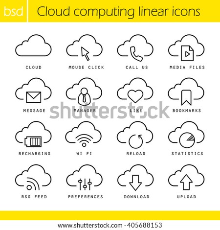 Cloud computing linear icons set. Mouse click, bookmarks, statistics, recharging, wifi, download and upload web hosting symbols. Webstorage, online database. Thin line isolated vector illustrations