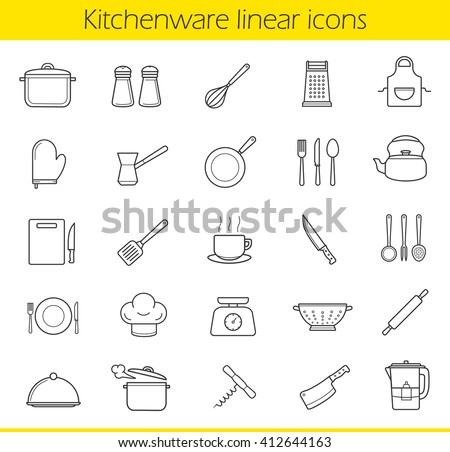 Kitchenware linear icons set. Kitchen tools and appliances thin line contour symbols. Household cooking utensil. Tea and coffee items. Restaurant chefs equipment. Isolated vector illustrations