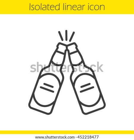 Toasting beer bottles linear icon. Cheers. Thin line illustration. Two beer bottles contour symbol. Pub and bar sign. Vector isolated outline drawing