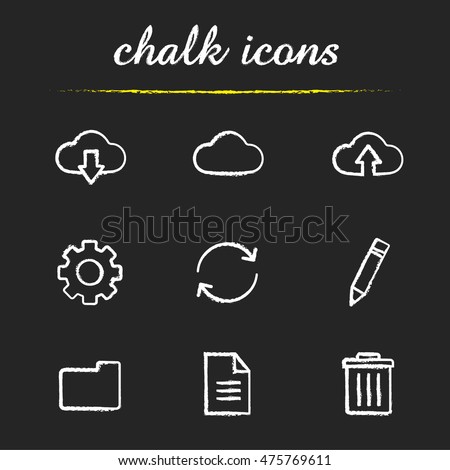 Cloud computing chalk icons set. Online data storage. Upload and download arrows, settings, refresh, edit, new folder and document, delete digital symbols. Isolated vector chalkboard illustrations