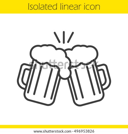Toasting beer glasses linear icon. Cheers. Thin line illustration. Two foamy beer glasses. Contour symbol. Vector isolated outline drawing