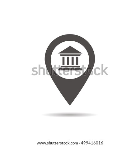 Bank building inside pinpoint. Municipal establishments location icon. Courthouse nearby. Drop shadow silhouette symbol. Vector isolated illustration