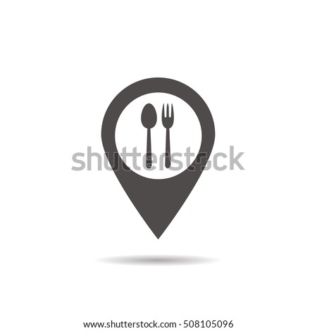 Cafe and restaurants location icon. Drop shadow map pointer silhouette symbol. Fork and spoon eatery sign inside pinpoint. Vector isolated illustration