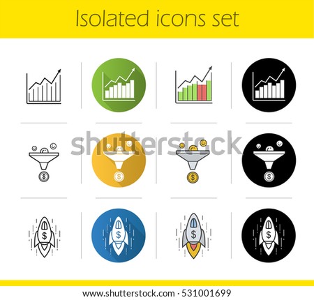 Business icons set. Flat design, linear, black and color styles. Sales funnel, income growth chart, business success. Isolated vector illustrations